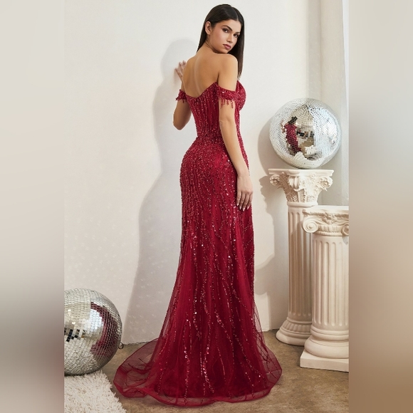 Black formal dress,purple,green,pink,red off the shoulder sheath sequin gown - Picture 5 of 12